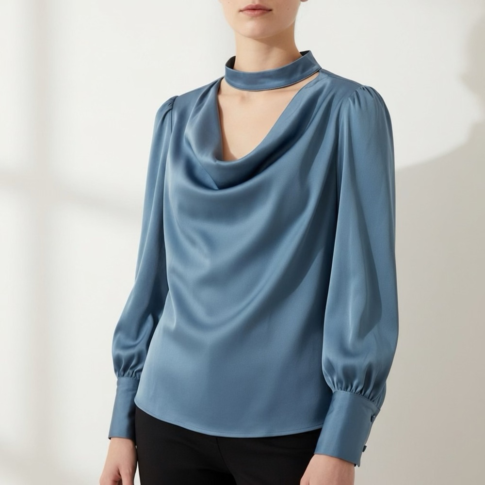 Allegra K Women's Elegant Choker Cowl Neck Top In Blue Size XS